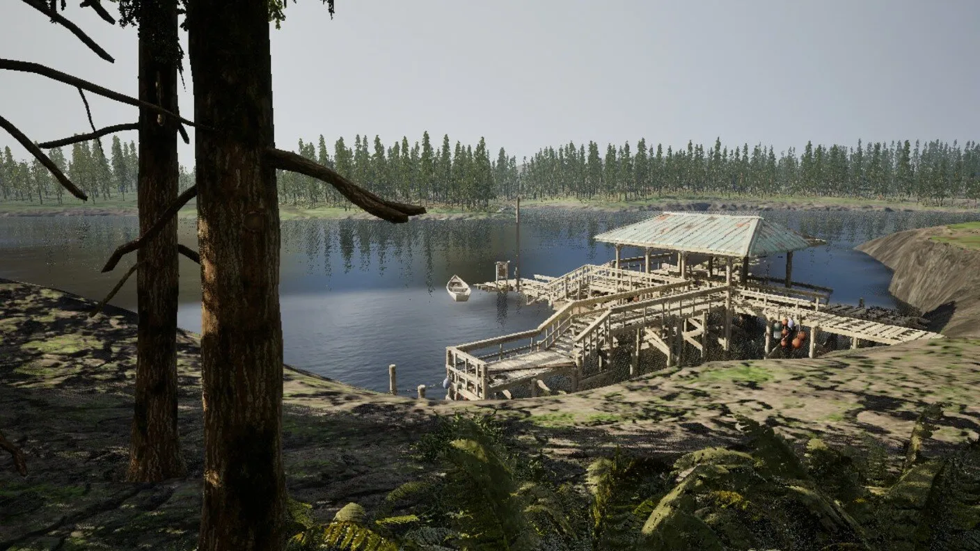A rowboat beside an empty dock and boathouse on a still lake, pines along the far shore