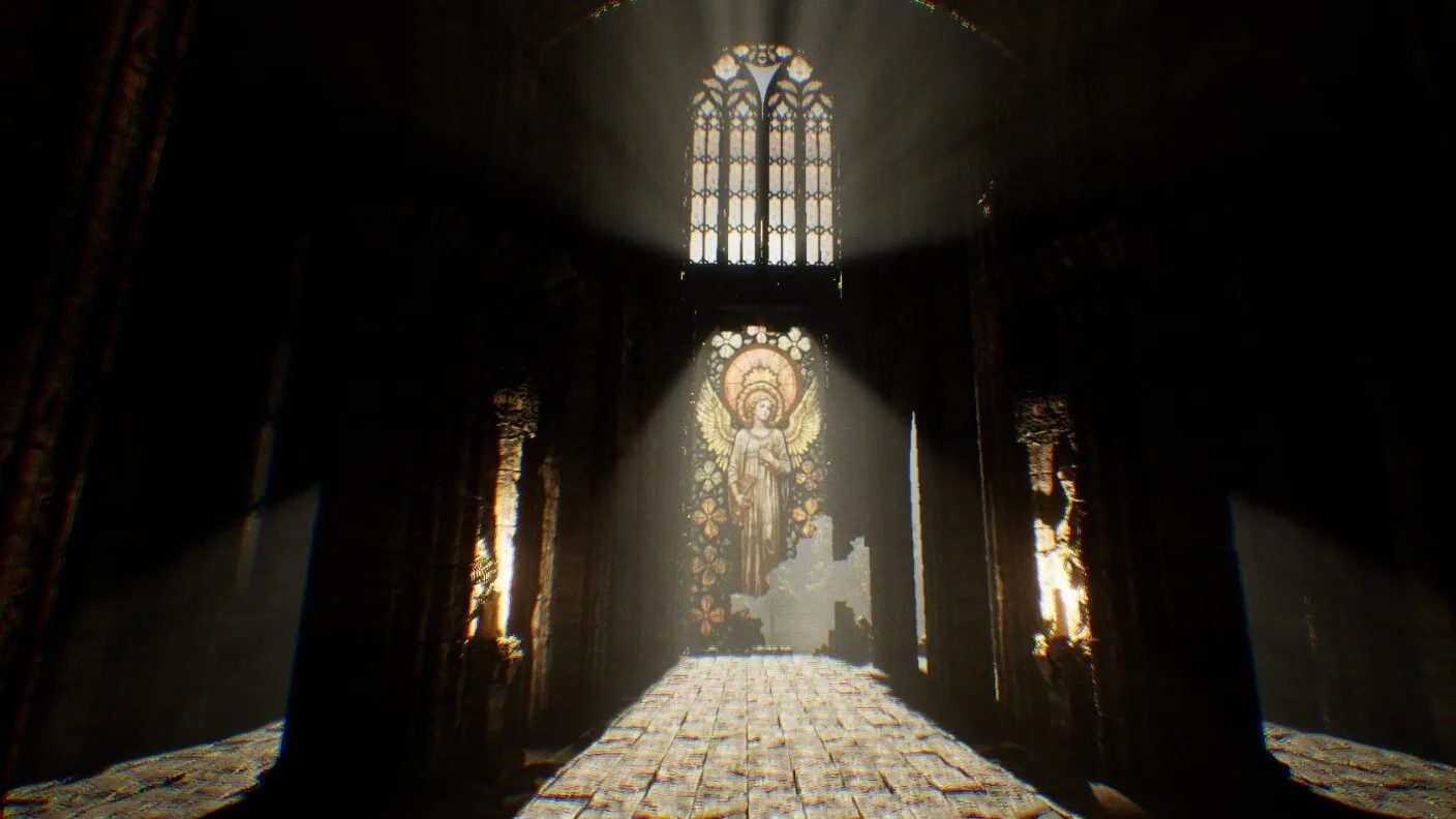 Light falls through a tall window onto the stone floor of the nave, past a stained-glass angel